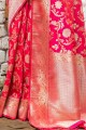 Saree in carrot pink Banarasi raw Silk with Weaving