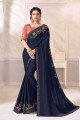 Designer Embroidered Silk Saree in Navy Blue with Blouse