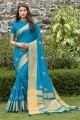 Embroidered Silk South Indian Saree in Sky Blue with Blouse