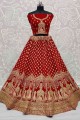 Embroidered Velvet Lehenga Choli in Red