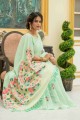 Saree in Green Cotton & Linen with Printed