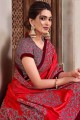 Red Saree in Georgette & Silk with Embroidered