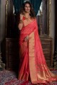 carrot pink  Saree with Embroidered Handloom Silk