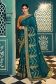 Embroidered Saree in Blue Chiffon