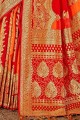 Weaving Banarasi raw Silk Banarasi Saree in Red with Blouse