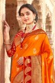 Orange Banarasi Saree in Banarasi raw Silk with Hand