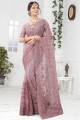 Net Saree with Embroidered in Lavender 