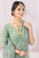 Embroidered Net Saree in Green with Blouse