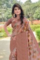 Printed Linen Saree in Brown with Blouse