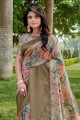 Khaki  Saree with Printed Linen
