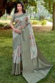 Blue Saree with Printed Linen
