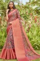 Saree in Peach Linen with Printed