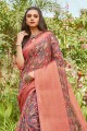 Saree in Peach Linen with Printed