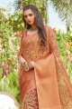 Linen Printed Orange Saree with Blouse