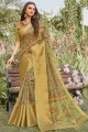 Green Saree in Printed Linen