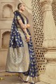 Weaving Banarasi raw Silk Navy Blue Banarasi Saree Blouse
