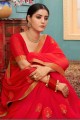 Tamato Red Saree with Embroidered Georgette