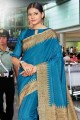 Printed Cotton & Manipuri Blue Saree Blouse