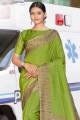 Printed Cotton & Manipuri Green Saree Blouse