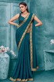 Embroidered Chiffon Saree in Teal 