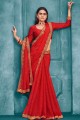 Dazzling Red Saree in Chiffon with Embroidered