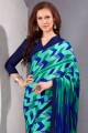 Aqua Blue Printed Saree in Silk Crepe