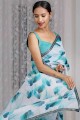Silk Printed Blue & White Printed Saree with Blouse