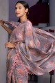 Silk Saree in Grey & Pink with Printed