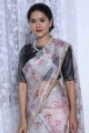 Saree in White Silk with Printed