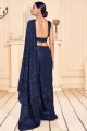 Faux Georgette Saree with Embroidered in Navy Blue