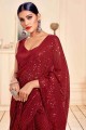 Red Faux Georgette Embroidered Saree with Blouse