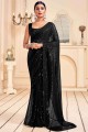Faux Georgette Saree in Black with Embroidered