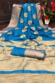 Stylish Blue Embroidered Silk Saree