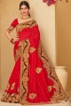 Stone Viscose Saree in Red with Blouse