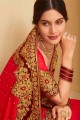 Stone Viscose Saree in Red with Blouse