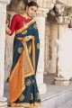 teal Blue Saree in Silk with Embroidered