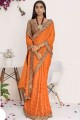 Contemporary Silk Embroidered Orange Saree with Blouse