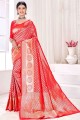 Jacquard and silk Weaving Coral Red Diwali Saree with Blouse