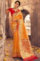 Papaya orange Banarasi raw silk Banarasi Saree with Weaving