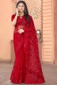 Net Stone with moti Wine red Saree with Blouse