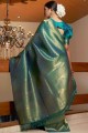 Teal green South Indian Saree with Weaving Raw silk
