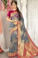 Weaving 2D Kora Organza South Indian Saree in Grey with Blouse