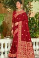 Party Wear Saree in Red Silk with Weaving