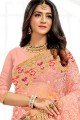 Net Party Wear Saree in Peach with Resham,stone,embroidered