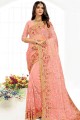 Net Party Wear Saree in Peach with Resham,stone,embroidered