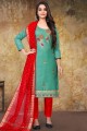Embroidered Straight Pant Suit in Rama Glass Cotton