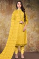 Straight Pant Suit in Yellow model Chanderi with Embroidered