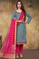 Embroidered Glass Cotton Grey Straight Pant Suit with Dupatta