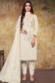 Embroidered Glass Cotton Straight Pant Suit in White