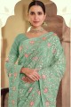Embroidered Satin georgette South Indian Saree in Green with Blouse